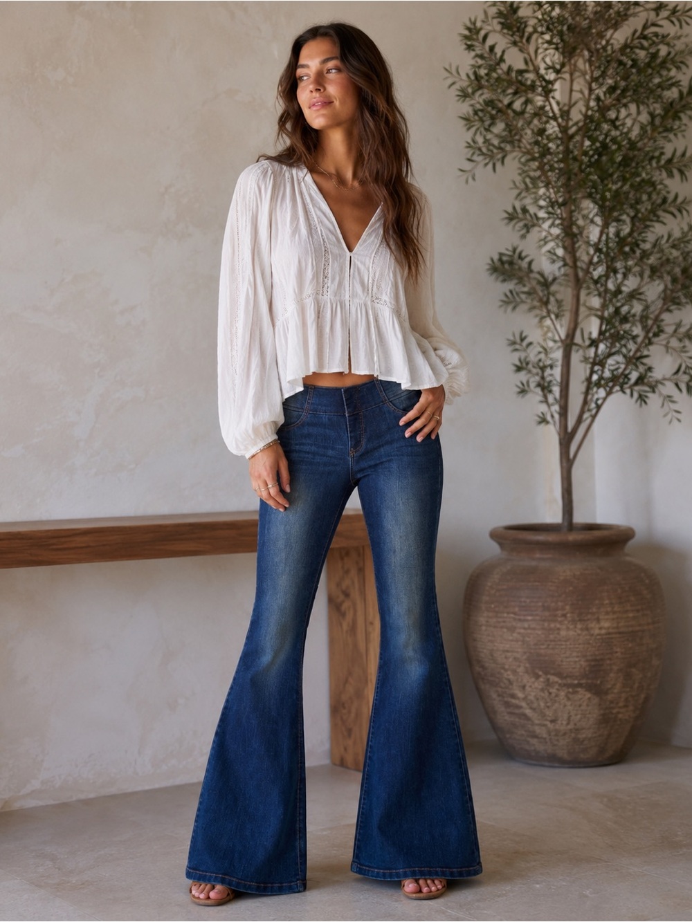 Free People Pull-On Bell Flare Jeans 28 High Rise Stretch Faux Pocket Boho Y2K